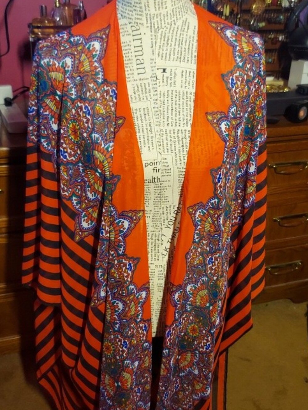 Catherines One Size Kimono Style Cardigan Multicolor Paisley Striped Sheer Light